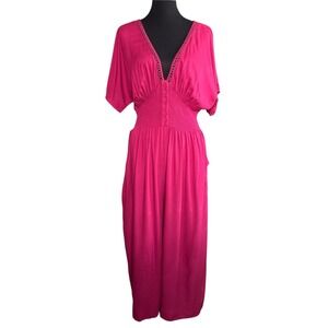 Patrons of Peace Burgundy Wide Leg, V-Neck, Rayon Jumpsuit, Size Large, Smocked